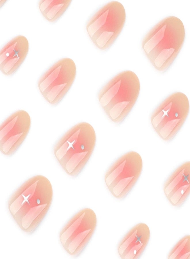 YoYoee 24Pes Short Almond Press on Nails - Nude Fake Nails Gradient False Nails Glossy Full Cover Nails Tips for Women - Image 4